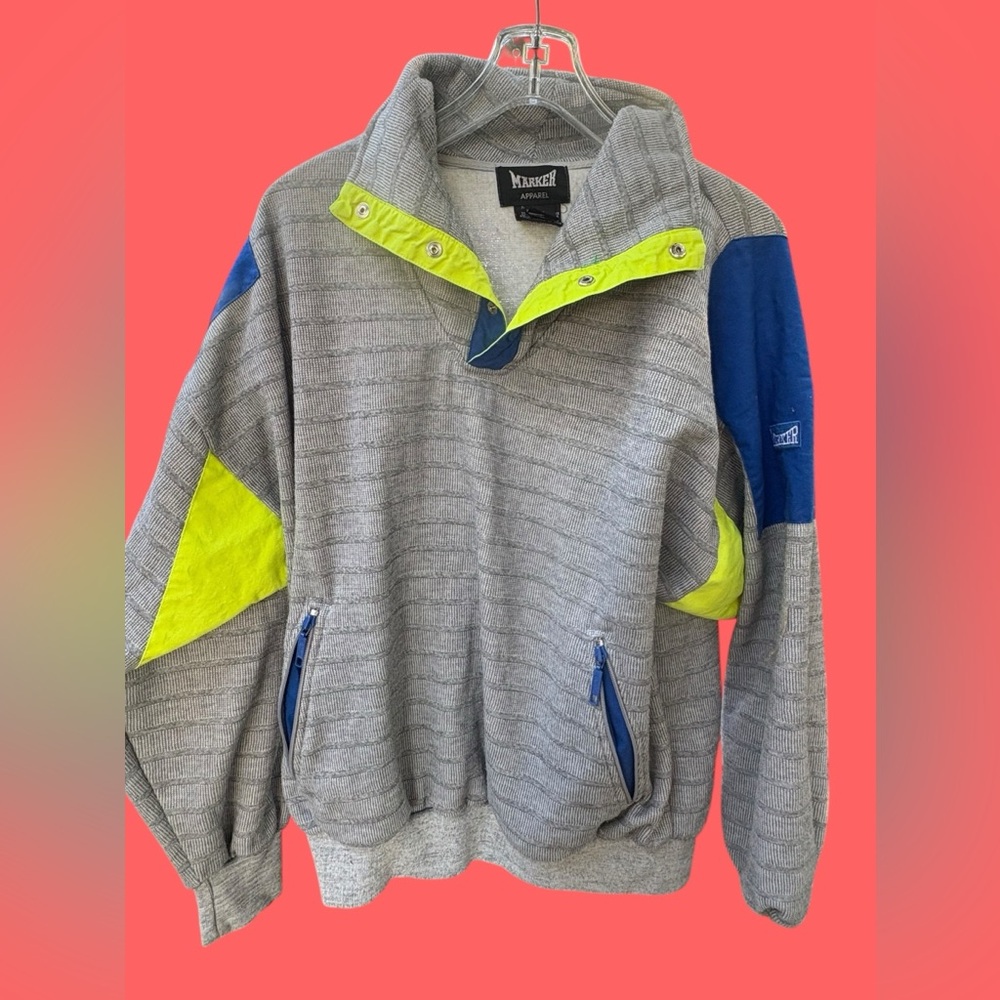 Marker Gray Knit Sweater, with bright blue and green accents